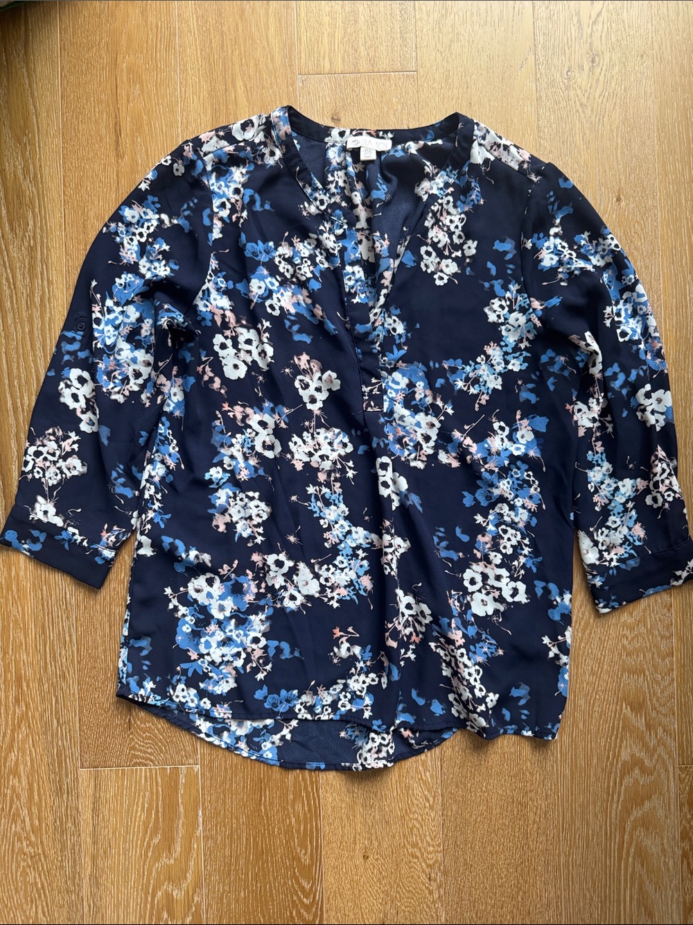 Lila Rose Navy Floral V-Neck Blouse with White and Blue Flowers